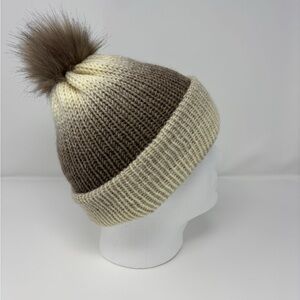 Cream/Taupe Ombre Knit Beanie with Removable Pom Pom